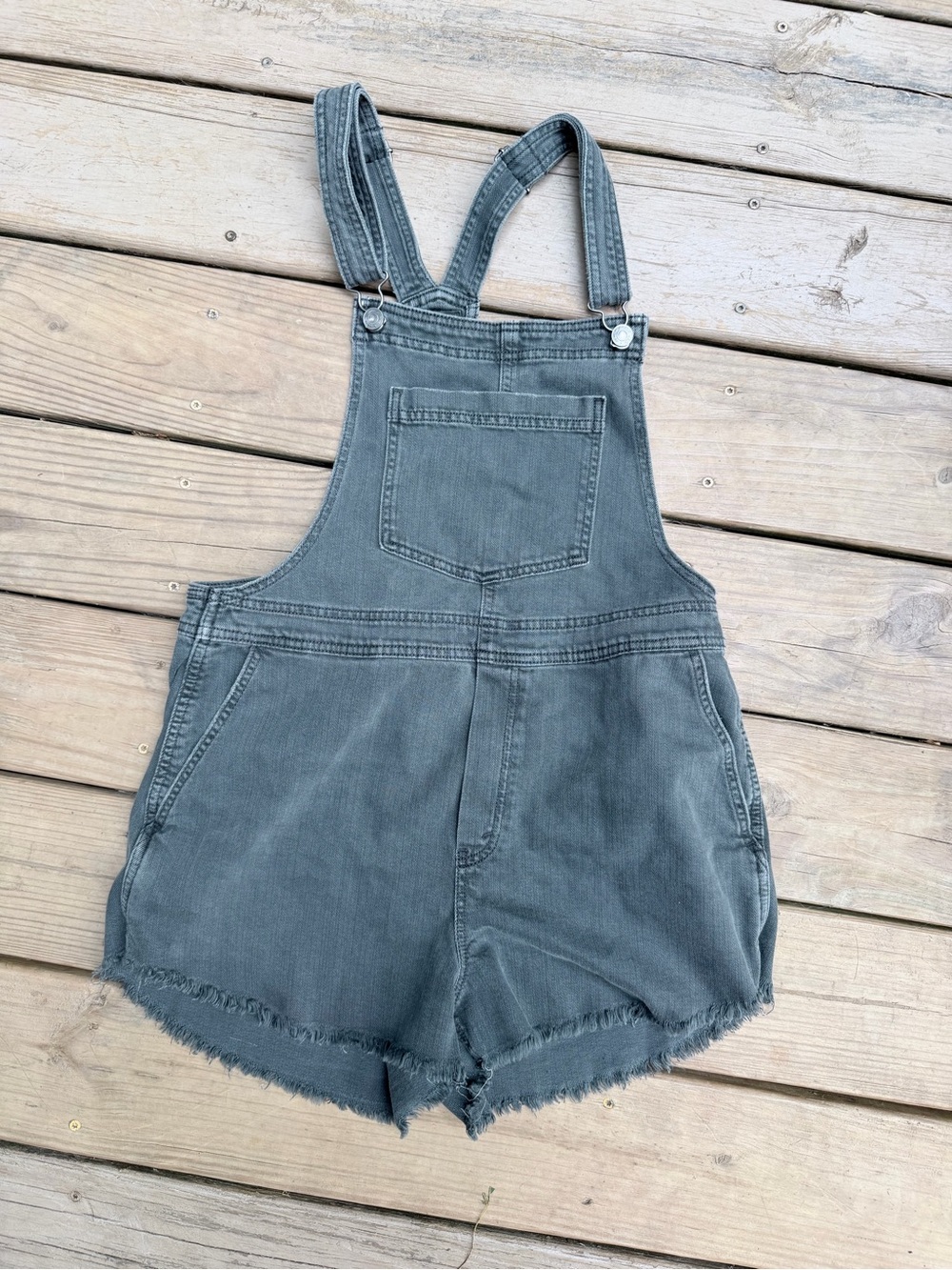aerie Gray Denim Short Overalls with Branded Tab